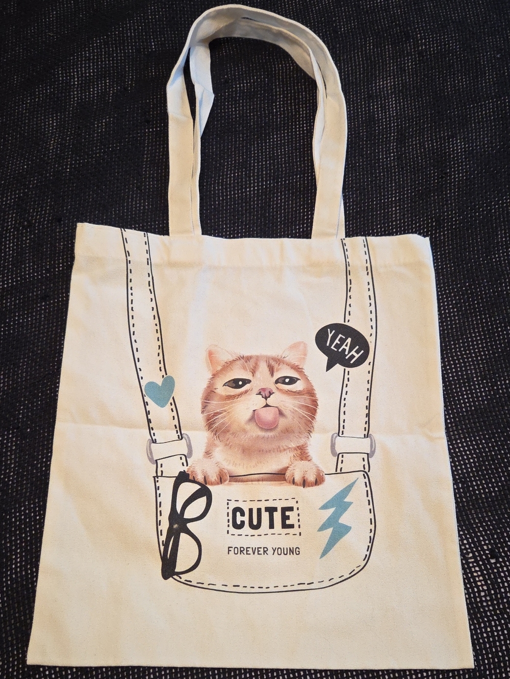 Canvas Cat Tote Bag - Cute Forever Young Design - Cream NWOT